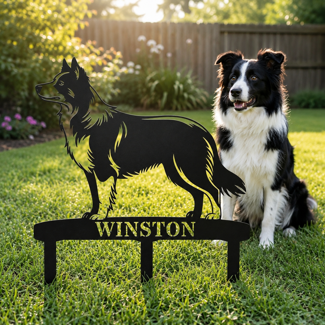 Personalized Border Collie Garden Metal Sign With Stakes. Custom Dog Lover Name Gift