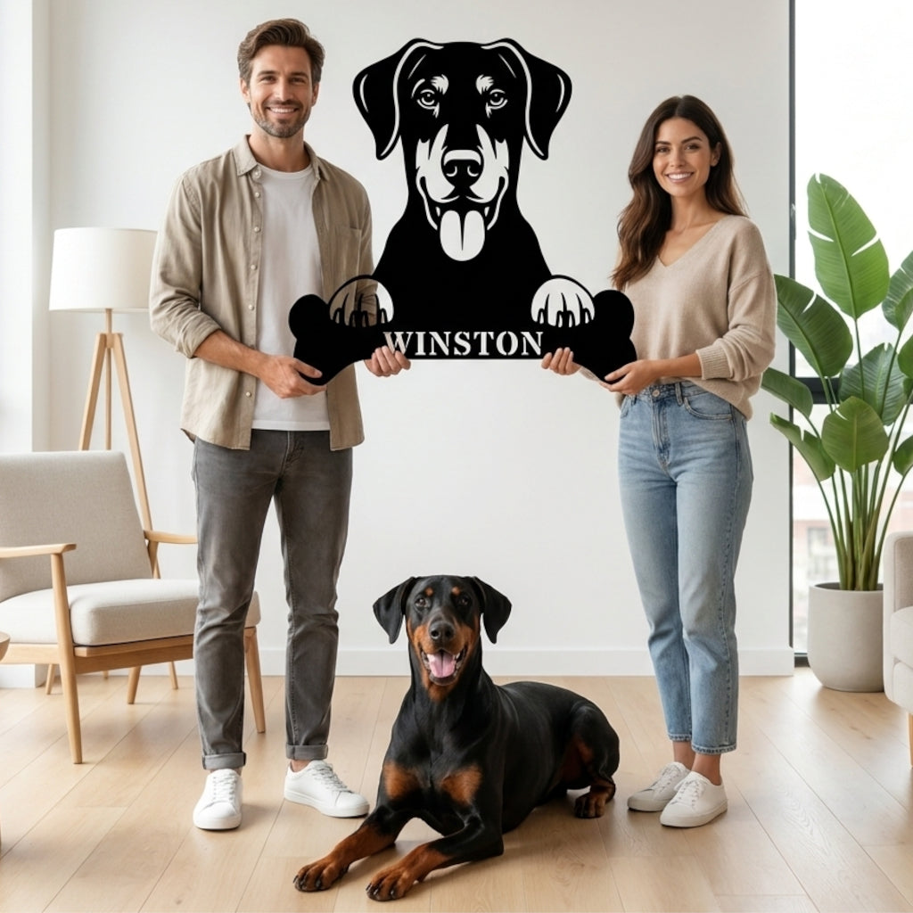 Personalized Dobermann With Bone Metal Sign. Custom Funny Dog Name Decor