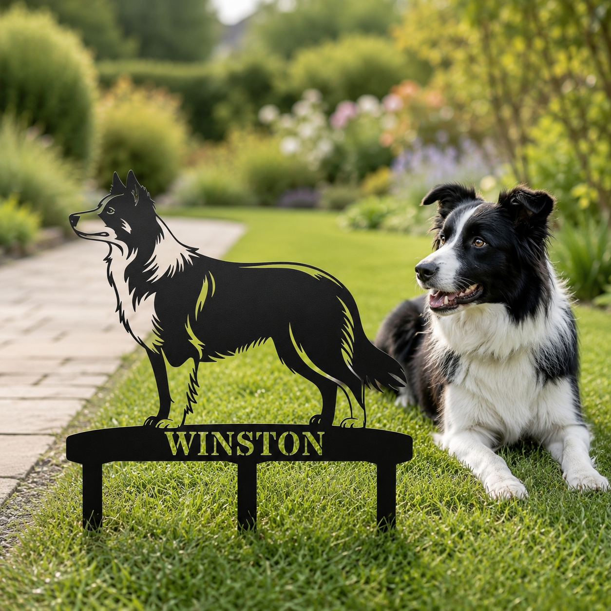 Personalized Border Collie Garden Metal Sign With Stakes. Custom Dog Lover Name Gift