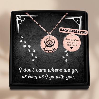 Personalized engraved Coton De Tulear necklace in a jewelry box with a sweet message card