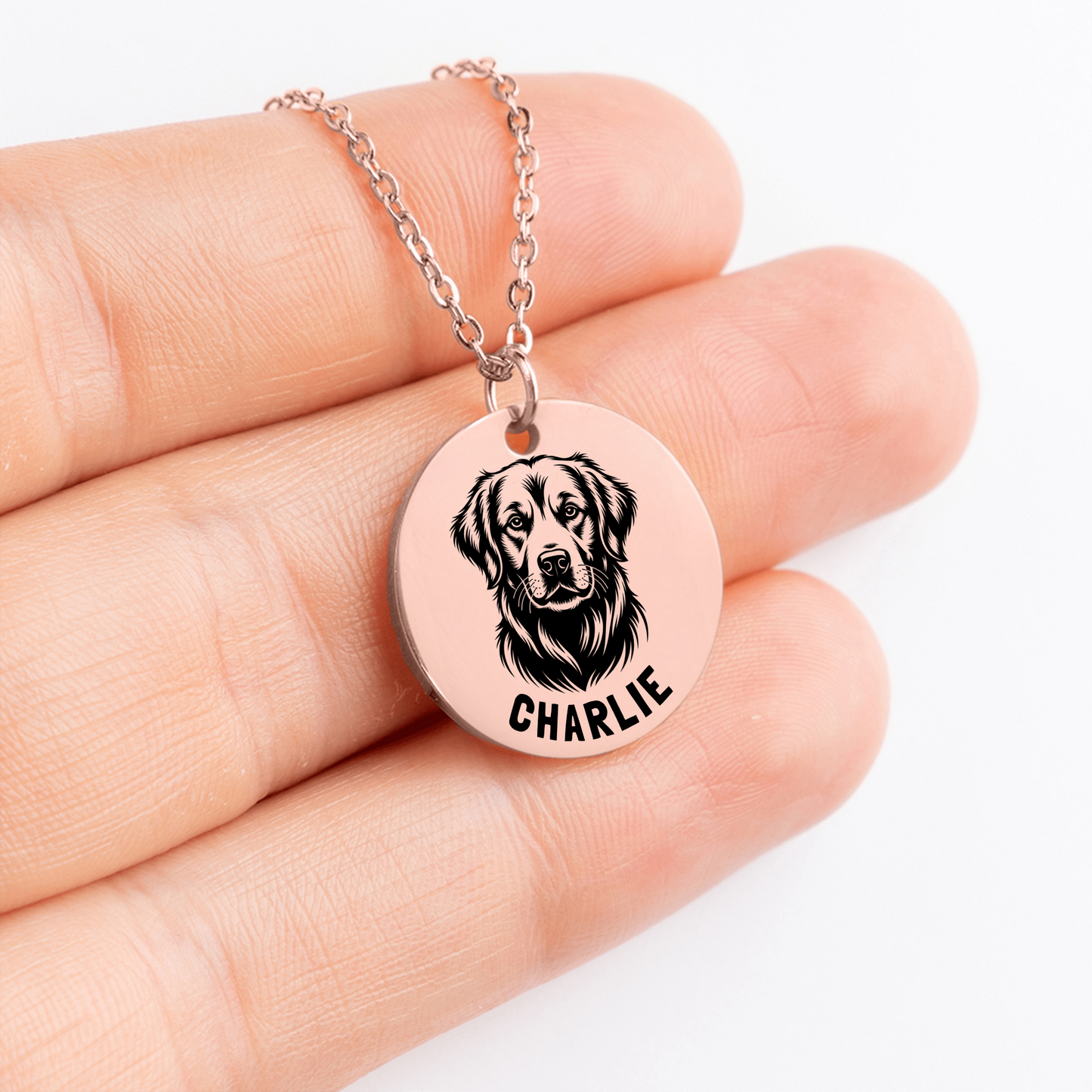 Personalized engraved Golden Retriever necklace in a jewelry box with a sweet message card