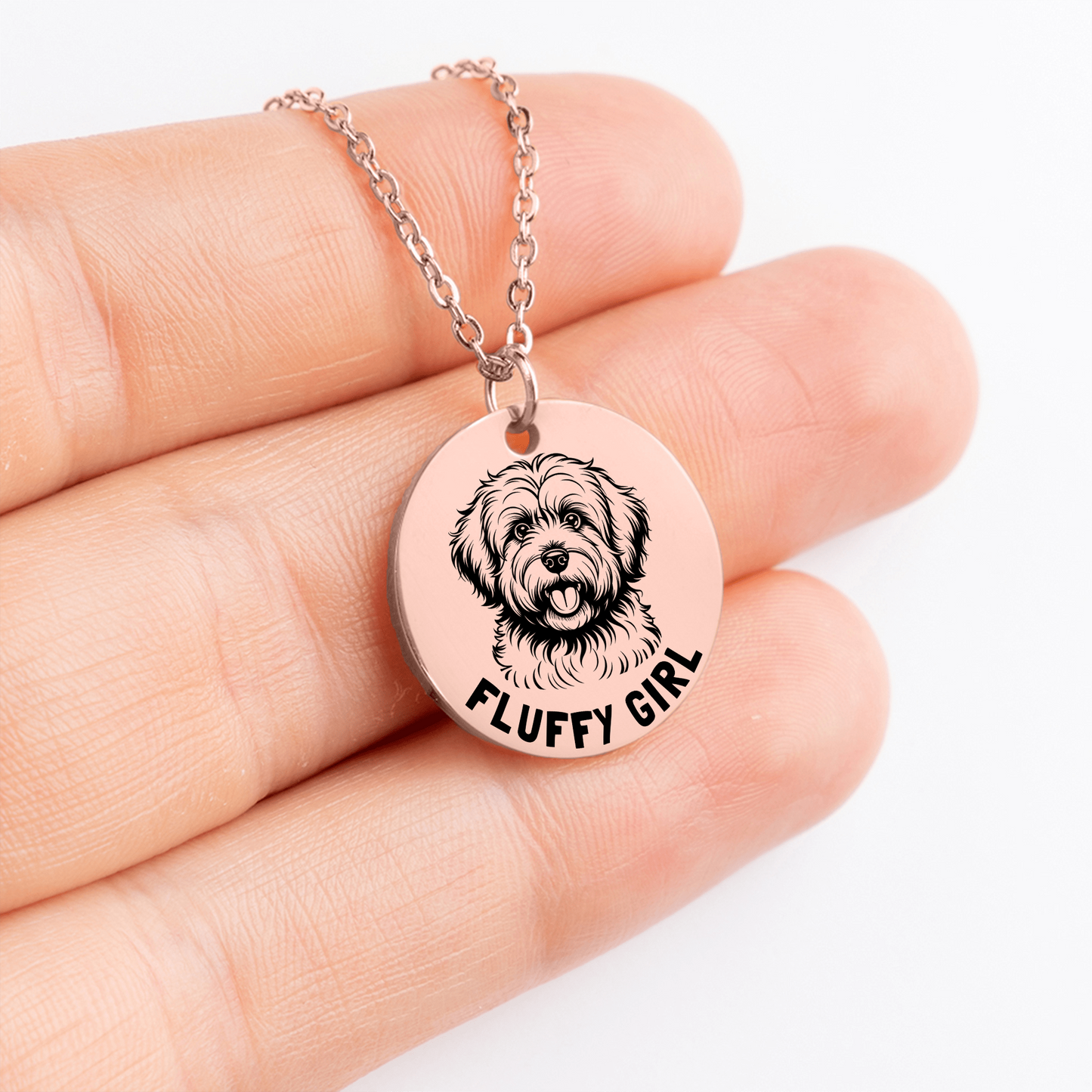 Personalized engraved Coton De Tulear necklace in a jewelry box with a sweet message card