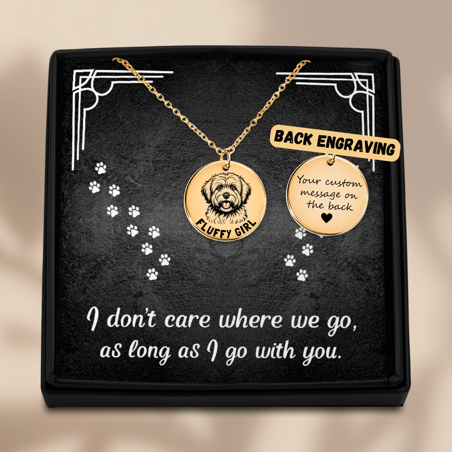 Personalized engraved Coton De Tulear necklace in a jewelry box with a sweet message card