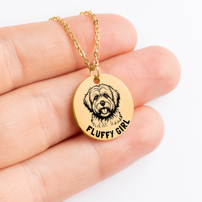 Personalized engraved Coton De Tulear necklace in a jewelry box with a sweet message card