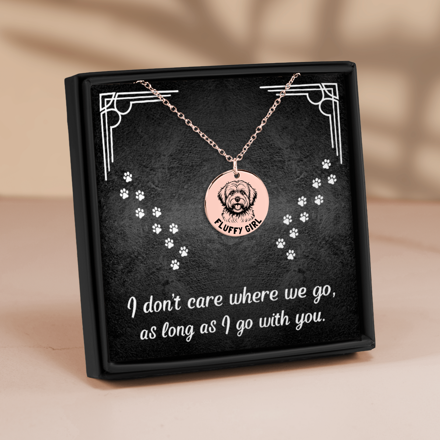 Personalized engraved Coton De Tulear necklace in a jewelry box with a sweet message card