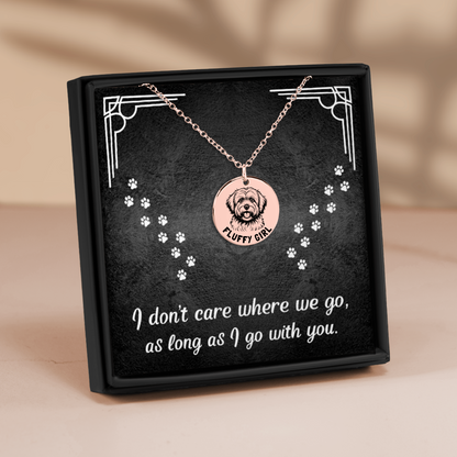 Personalized engraved Coton De Tulear necklace in a jewelry box with a sweet message card