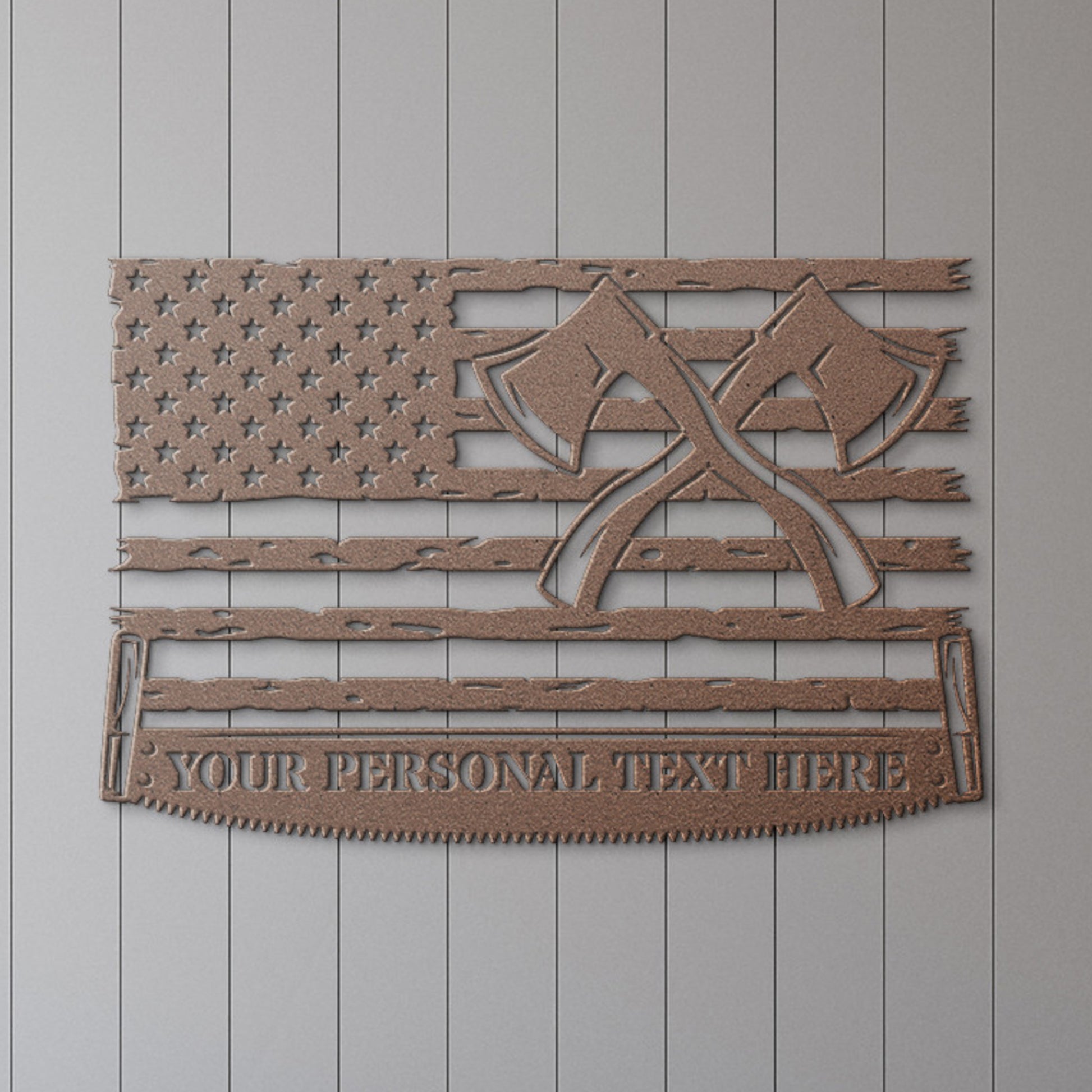 Personalized American Lumberjack Name Metal Sign Gift. Custom US Flag Wood Shop Wall Decor Hanging. Patriotic Woodworker Text Monogram Gift.