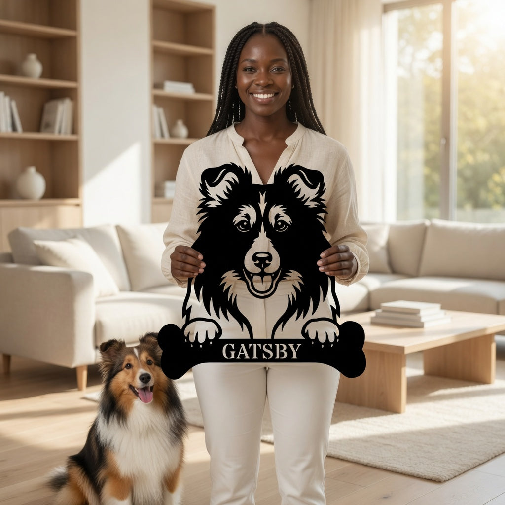 Personalized Shetland Sheepdog Bone Name Metal Sign. Funny Custom Dog Wall Decor Gift
