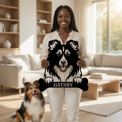 Personalized Shetland Sheepdog Bone Name Metal Sign. Funny Custom Dog Wall Decor Gift