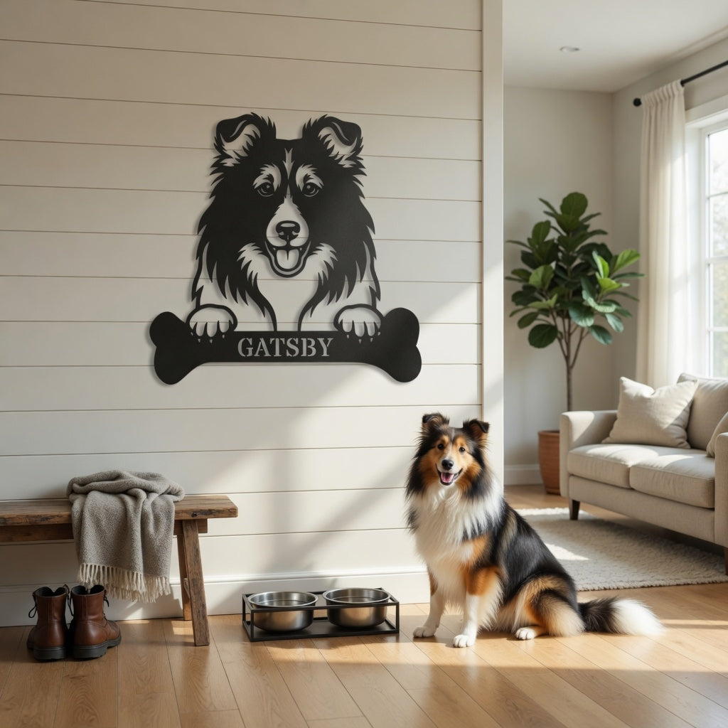 Personalized Shetland Sheepdog Bone Name Metal Sign. Funny Custom Dog Wall Decor Gift