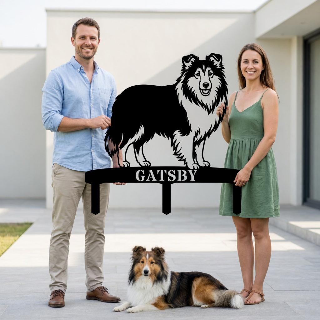 Personalized Shetland Sheepdog Garden Metal Sign With Stakes. Custom Dog Plaque Name Gift