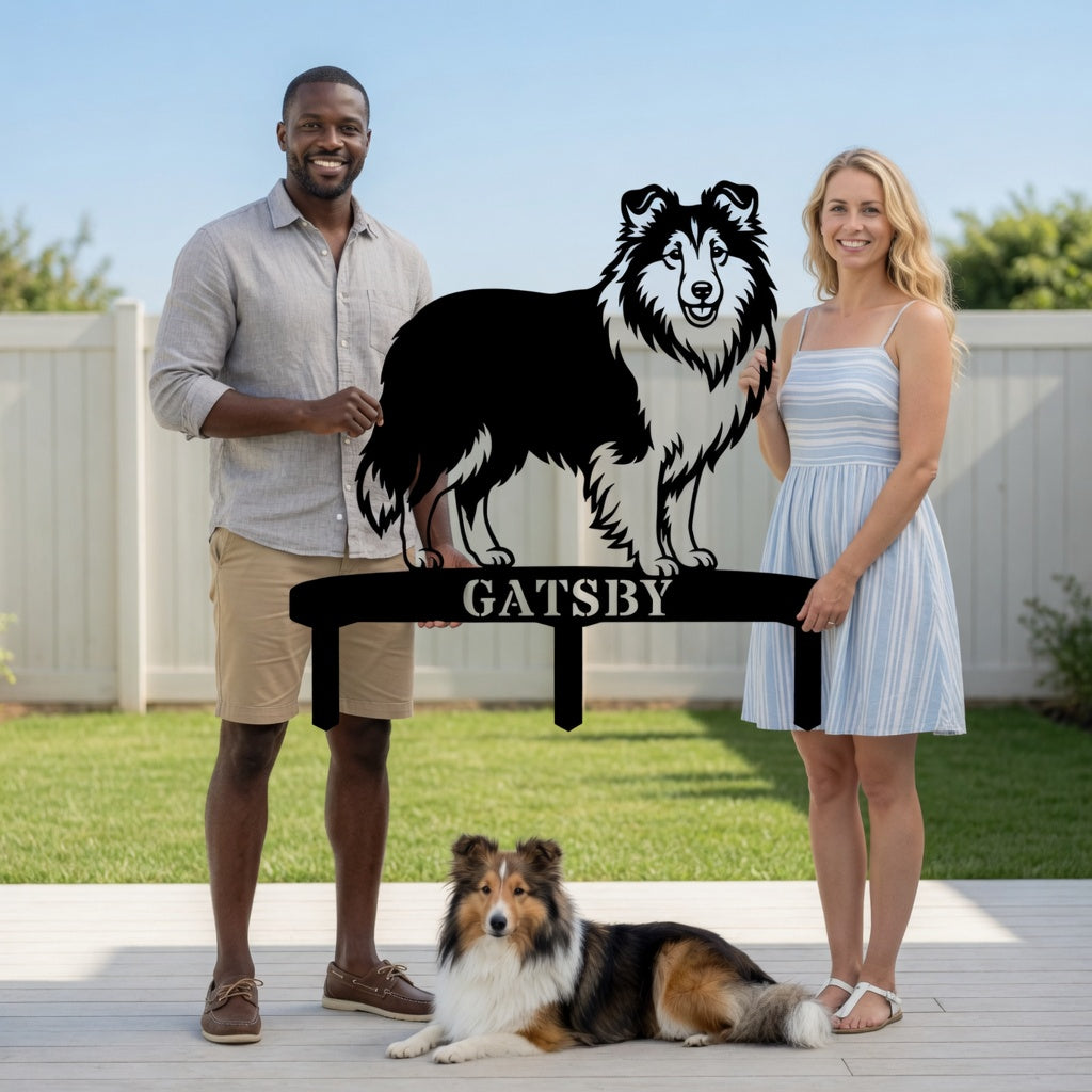 Personalized Shetland Sheepdog Garden Metal Sign With Stakes. Custom Dog Plaque Name Gift