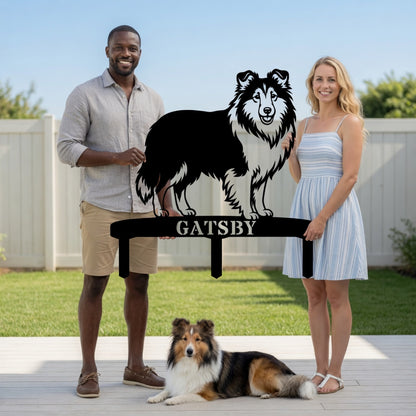 Personalized Shetland Sheepdog Garden Metal Sign With Stakes. Custom Dog Plaque Name Gift