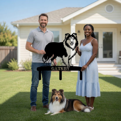 Personalized Shetland Sheepdog Garden Metal Sign With Stakes. Custom Dog Plaque Name Gift