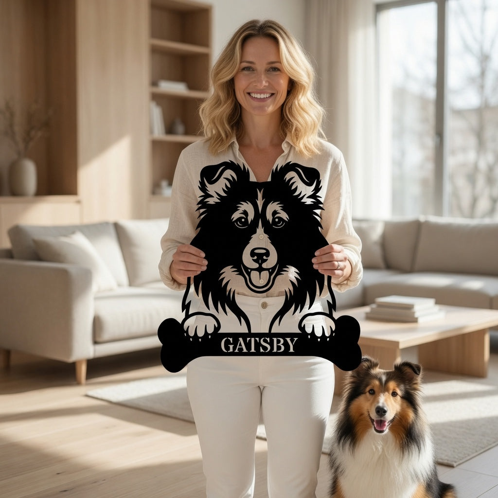 Personalized Shetland Sheepdog Bone Name Metal Sign. Funny Custom Dog Wall Decor Gift