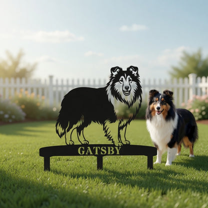 Personalized Shetland Sheepdog Garden Metal Sign With Stakes. Custom Dog Plaque Name Gift