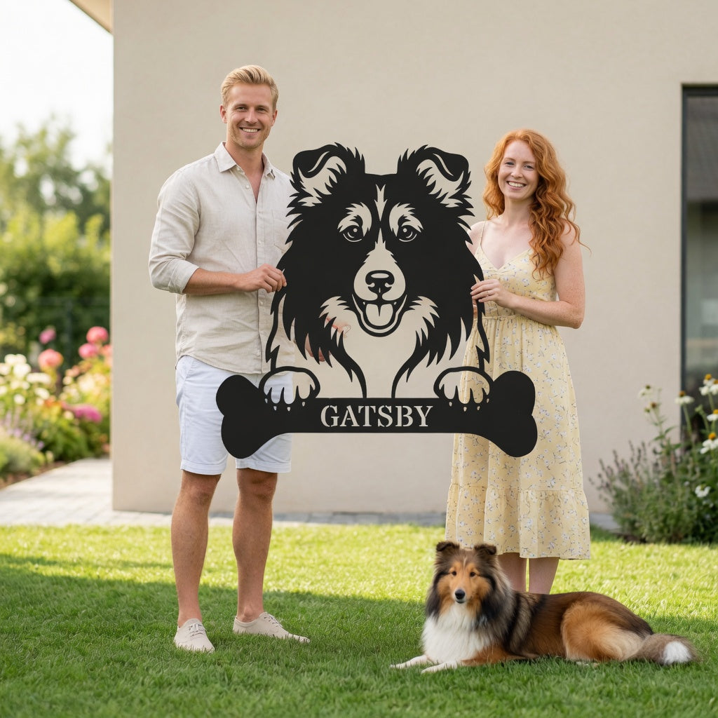 Personalized Shetland Sheepdog Bone Name Metal Sign. Funny Custom Dog Wall Decor Gift