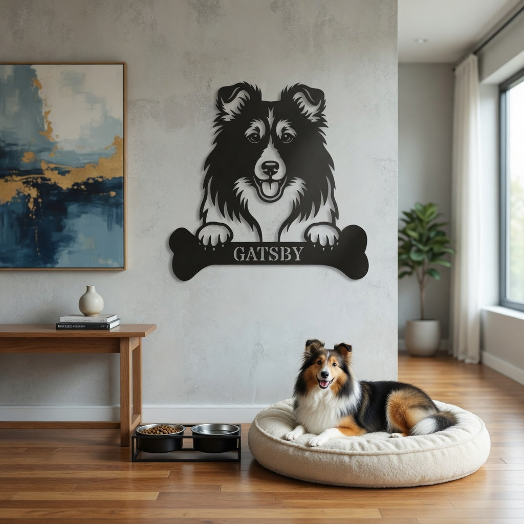 Personalized Shetland Sheepdog Bone Name Metal Sign. Funny Custom Dog Wall Decor Gift