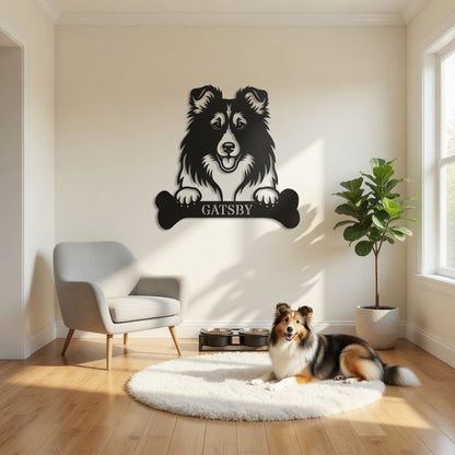 Personalized Shetland Sheepdog Bone Name Metal Sign. Funny Custom Dog Wall Decor Gift