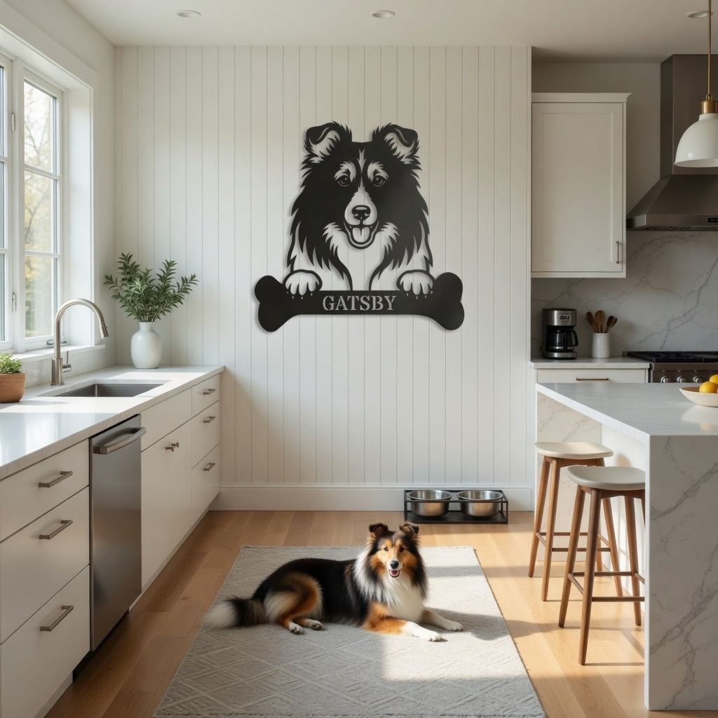 Personalized Shetland Sheepdog Bone Name Metal Sign. Funny Custom Dog Wall Decor Gift