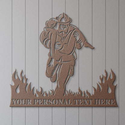 Personalized Firefighter Rescuing Name Metal Sign. Fireman Wall Hanging