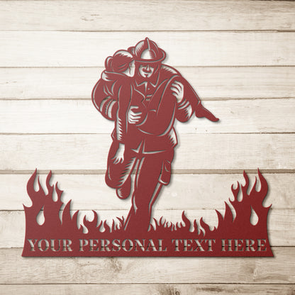 Personalized Firefighter Rescuing Name Metal Sign Gift. Custom Fireman Wall Hanging. Customize Firefighter Portrait Gift. To My Fireman Hero