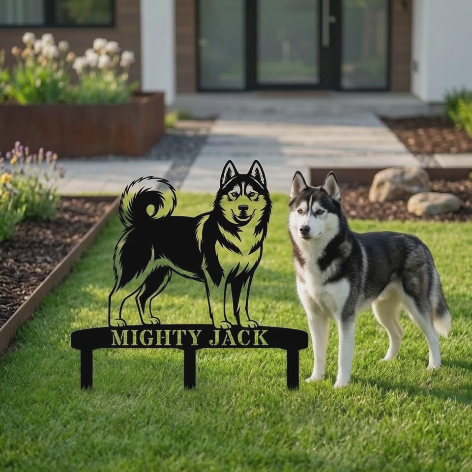 Personalized Husky Garden Metal Sign With Stakes. Custom Dog Lover Remembrance Name Gift