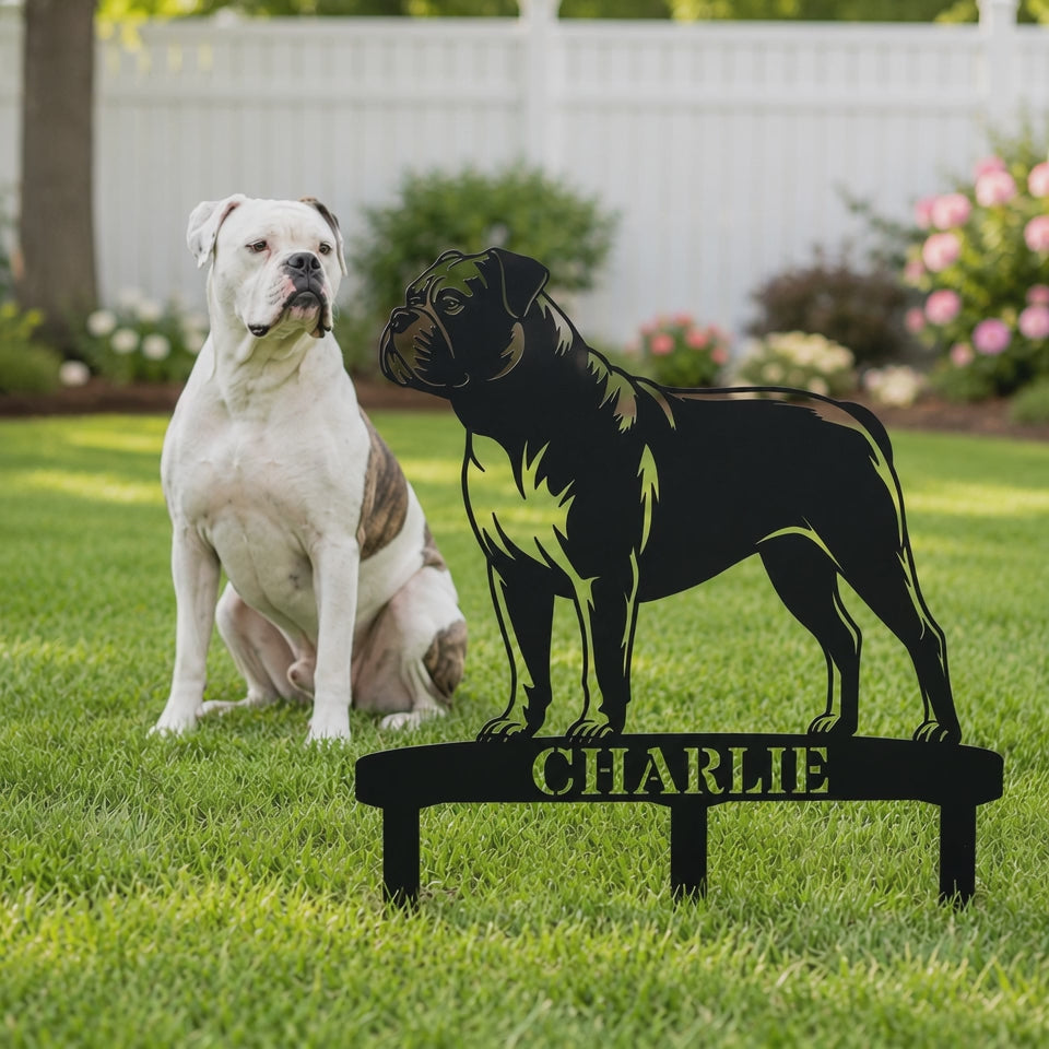 Personalized American Bulldog Garden Metal Sign With Stakes. Custom Dog Lover Name Gift