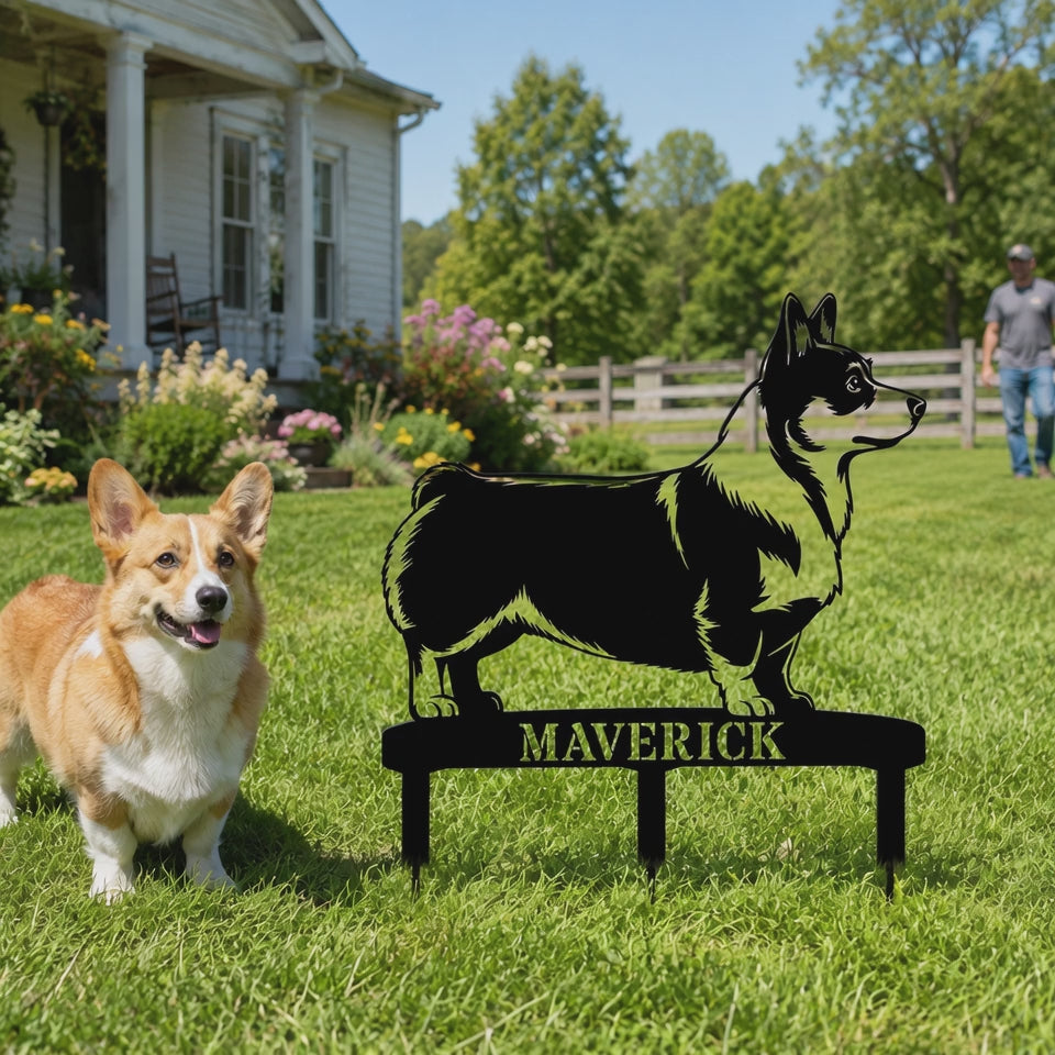 Personalized Corgi Garden Metal Sign With Stakes. Custom Dog Lover Name Gift