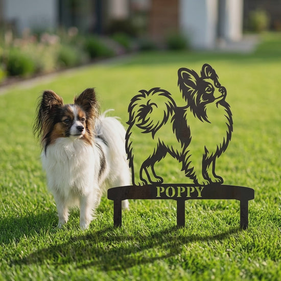 Personalized Papillon Garden Metal Sign With Stakes. Custom Dog Name Yard Decor