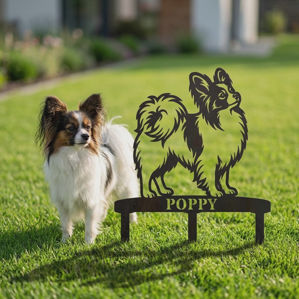 Personalized Papillon Garden Metal Sign With Stakes. Custom Dog Name Yard Decor
