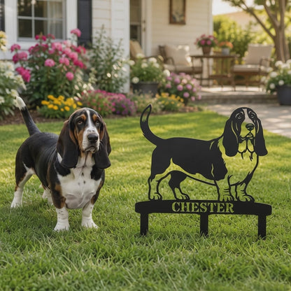 Personalized Basset Hound Garden Metal Sign With Stakes. Custom Dog Plaque Name Gift