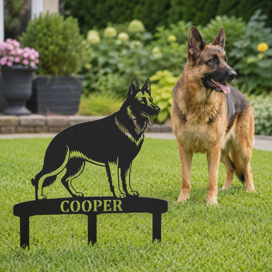 German Shepherd Personalized Garden Stakes Metal Sign Display. Custom Alsatian Name Decor