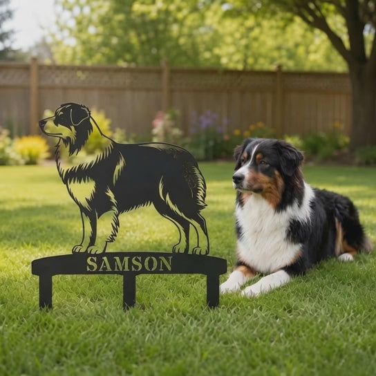 Personalized Australian Shepherd Garden Metal Sign With Stakes. Custom Dog Name Gift