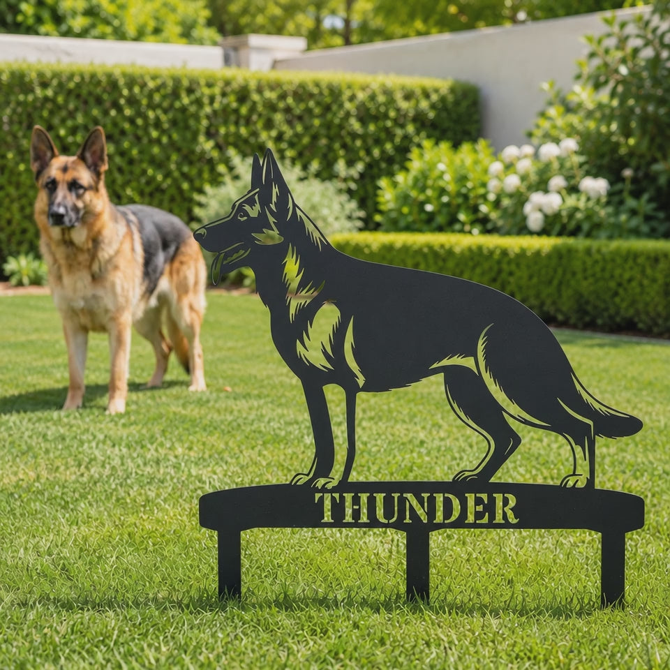 Personalized German Shepherd Garden Metal Sign With Stakes. Custom Dog Name Gift