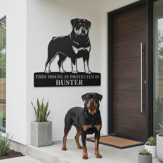 Personalized Rottweiler Guard Name Metal Sign. Custom Dog Protect Decor