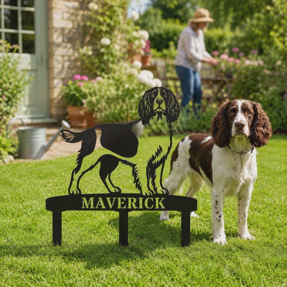 Personalized English Springer Spaniel Garden Metal Sign With Stakes. Custom Dog Lover Name Gift