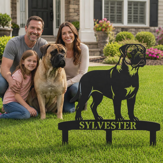 Personalized Bullmastiff Garden Metal Sign With Stakes. Custom Dog Name Gift
