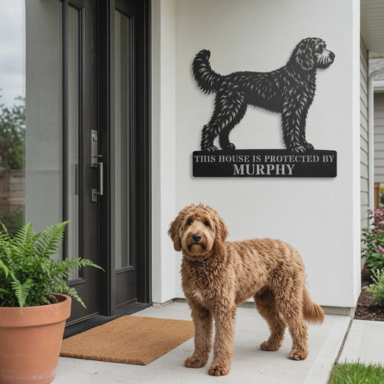 Personalized Doodle Guard Metal Sign. Custom Dog Name Wall Decor