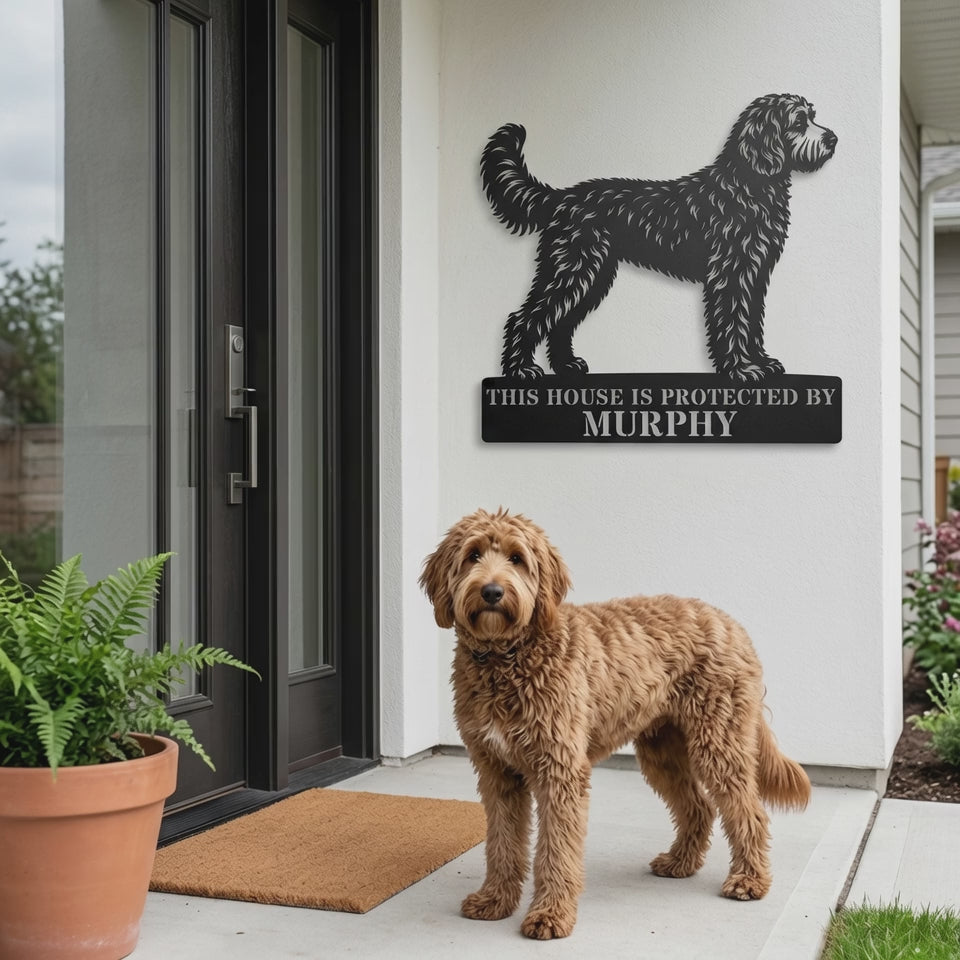 Personalized Doodle Guard Metal Sign. Custom Dog Name Wall Decor