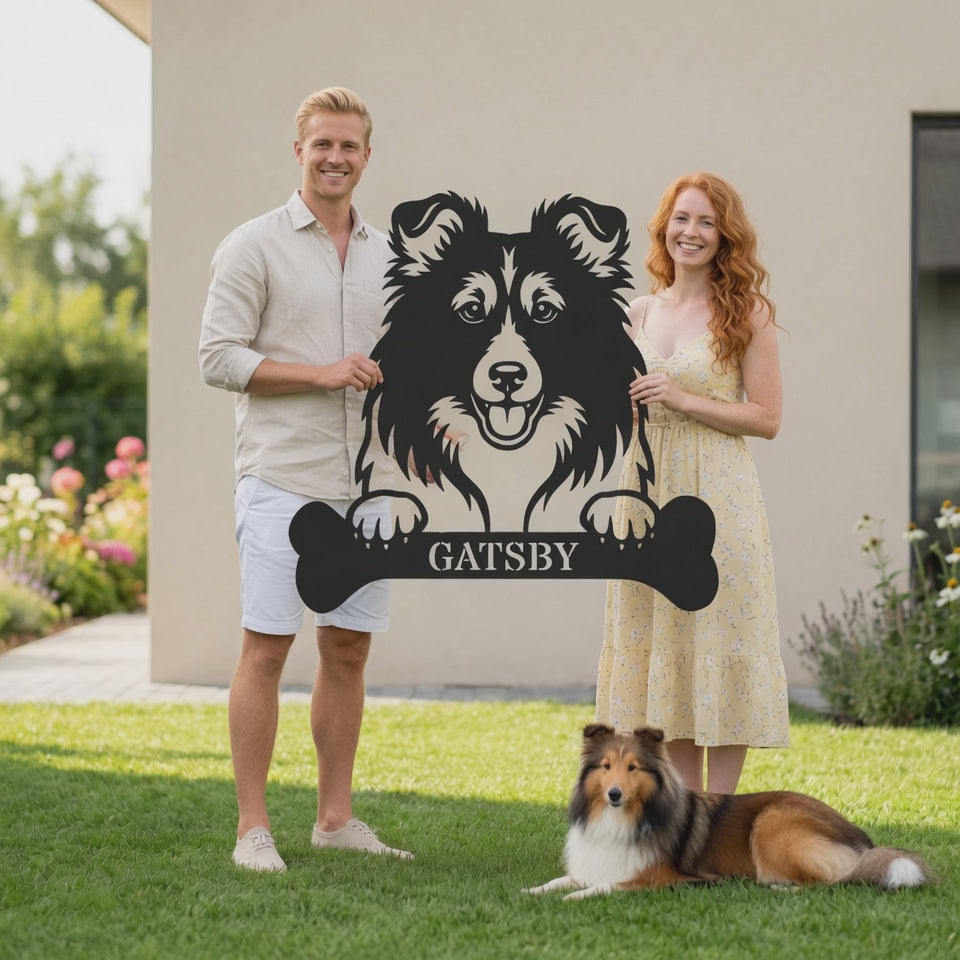 Personalized Shetland Sheepdog Bone Name Metal Sign. Funny Custom Dog Wall Decor Gift