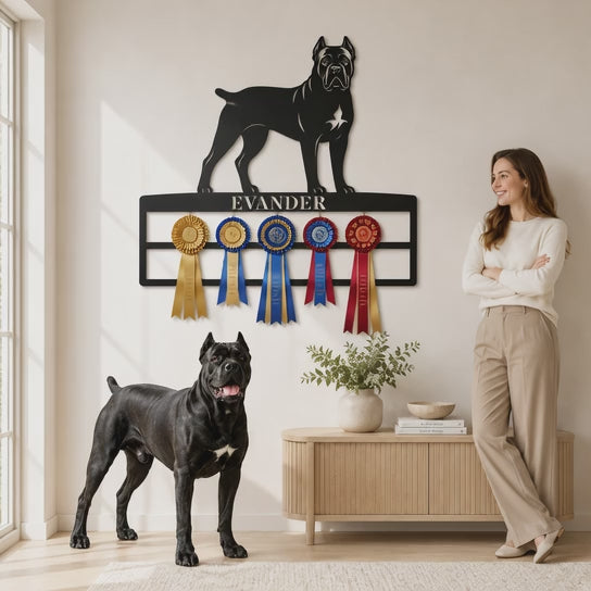 Personalized Cane Corso Rosette Name Metal Sign. Custom Dog Champion Ribbon Display