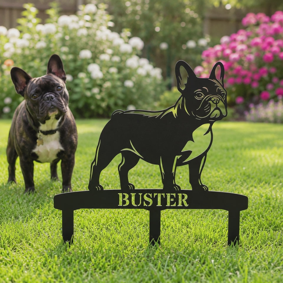 Personalized French Bulldog Garden Metal Sign With Stakes. Custom Dog Lover Name Gift