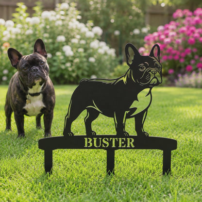 Personalized French Bulldog Garden Metal Sign With Stakes. Custom Dog Lover Name Gift