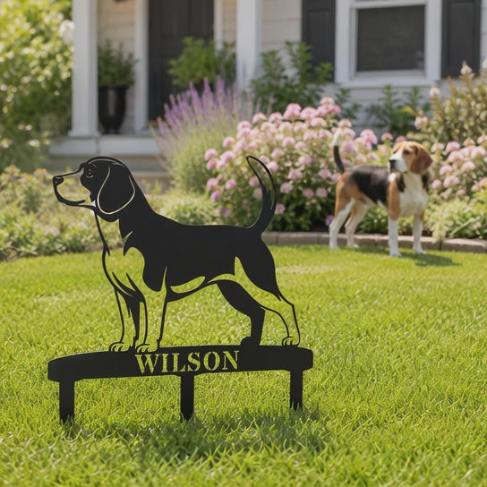 Personalized Beagle Garden Metal Sign With Stakes. Custom Dog Lover Name Gift