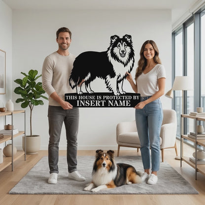Personalized Shetland Sheepdog Guard Metal Sign. Custom Dog Protect Name Wall Decor