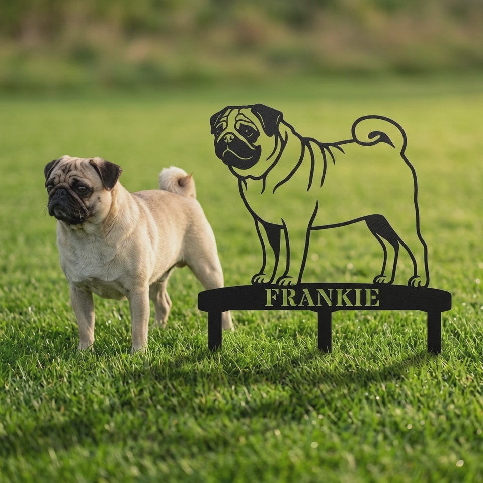 Personalized Pug Garden Metal Sign With Stakes. Custom Dog Name Remembrance Gift