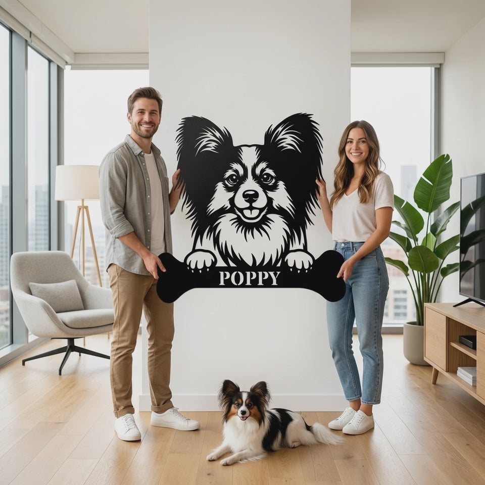 Personalized Papillon With Bone Name Metal Sign. Funny Custom Dog Wall Decor Gift