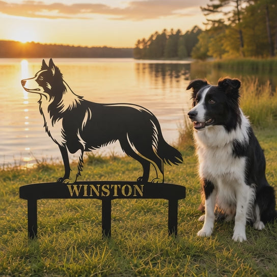 Personalized Border Collie Garden Metal Sign With Stakes. Custom Dog Lover Name Gift