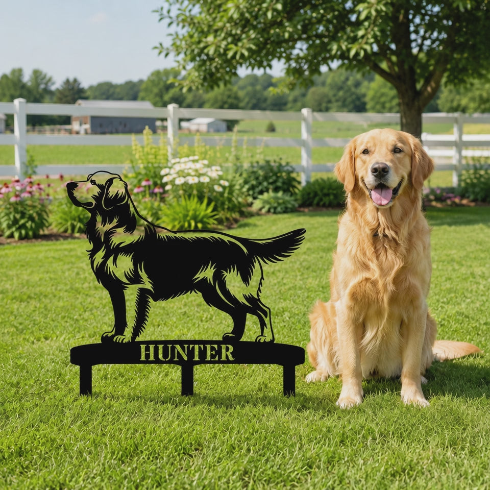 Personalized Golden Retriever Garden Metal Sign With Stakes. Custom Dog Lover Name Gift